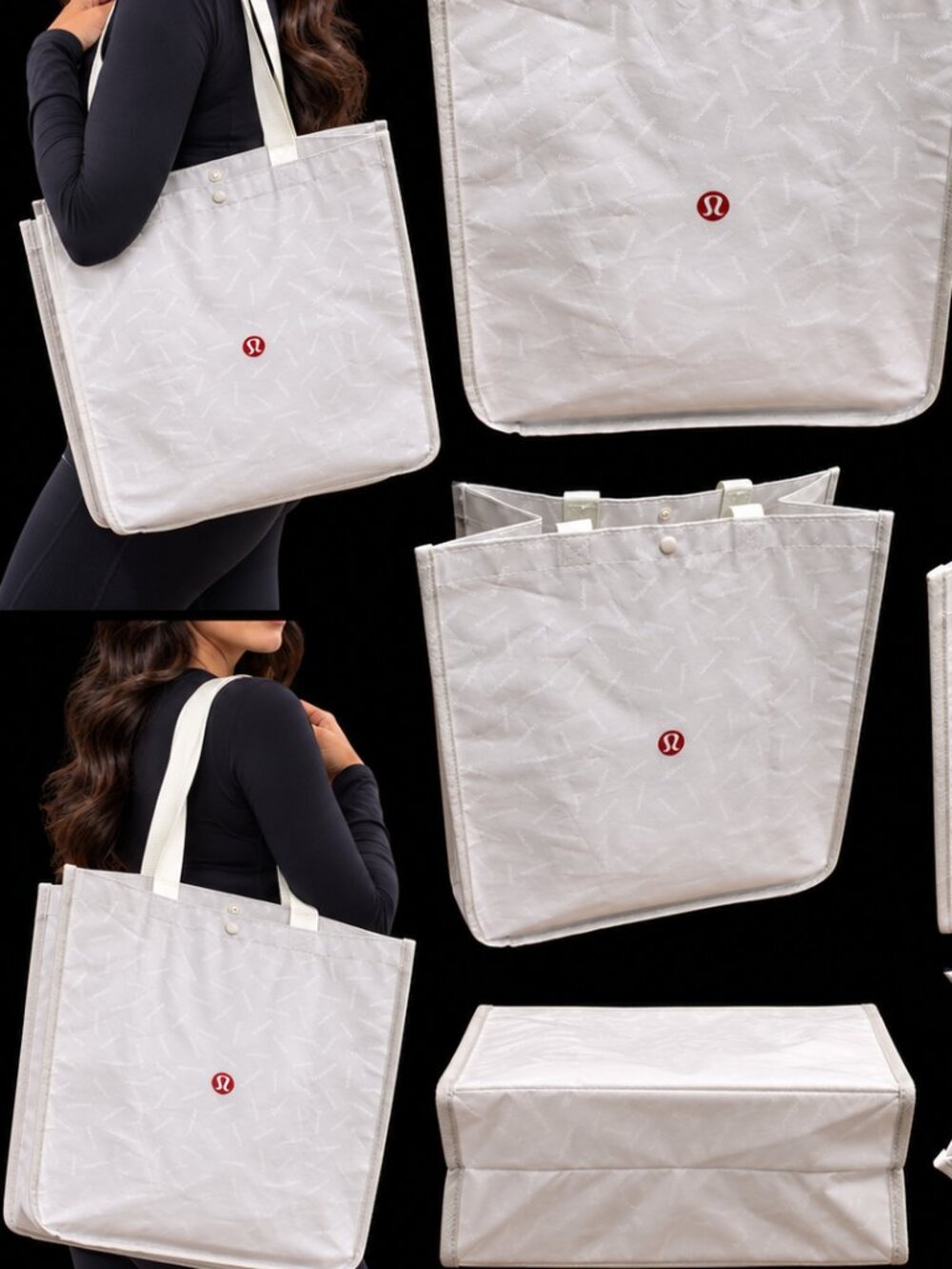 Lululemon Reusable Shopping Tote Bag White Gray Logo Print Snap Closure